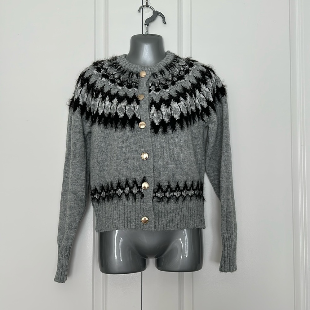 Gray Fair Isle Button-Up Cardigan Sweater